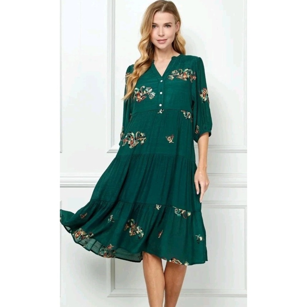 Anthropologie Fig & Flower Green Embroidered Tiered Layred Dress XL Boho Fall